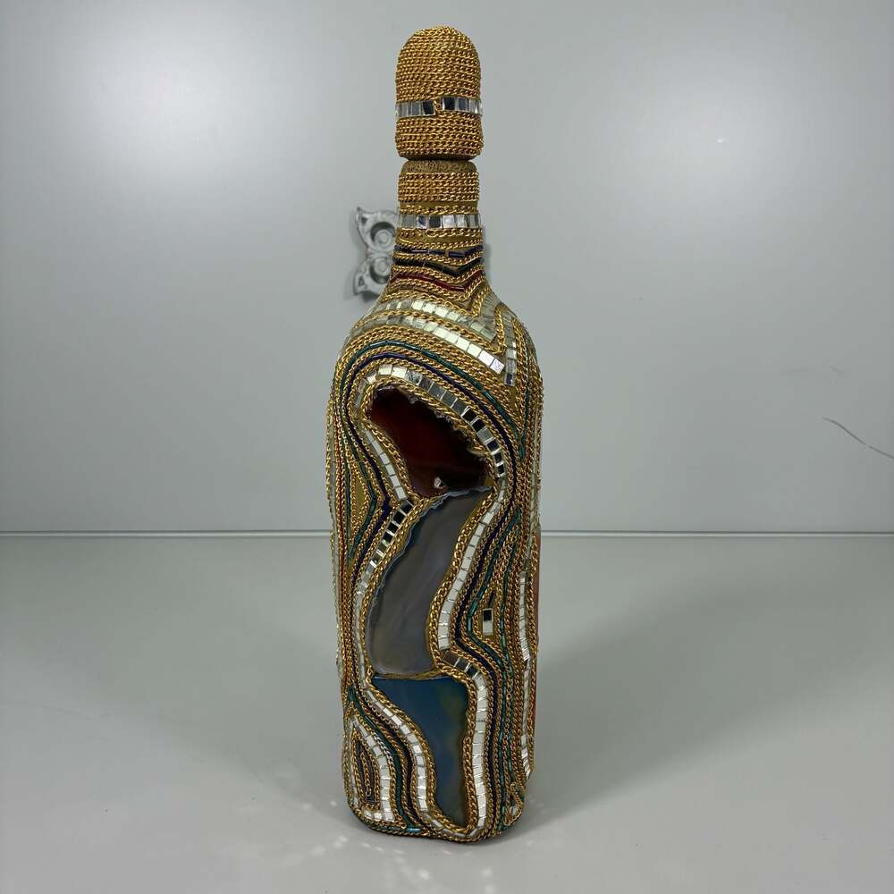 Artisan Hand-Decorated Agate and Mirror Mosaic Decorative Bottle